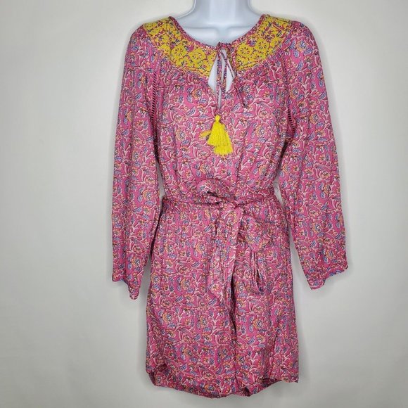 J. Crew Dresses & Skirts - J Crew Womens Pink Floral Embroidered Tassel Romper Size 4 Long Sleeve Pockets